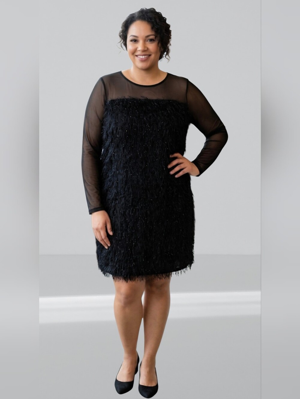 Hayden Plus-Size Black Feather-Texture Long Sleeve Dress